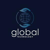 Global technology vector logo design. Globe and hands symbol logotype. Tech logo template with hand.