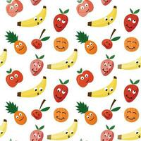 Crazy fruits faces colorful seamless pattern. Cartoon juicy funny illustrations for print. vector