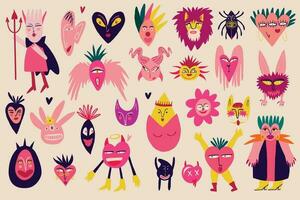 Vibrant bright Strange ugly Halloween characters. Cute bizarre comic characters in modern flat hand drawn style vector