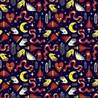 Bright funny magic pattern with bizarre mystical symbols. Background with Magic symbols in a trendy cartoon style vector