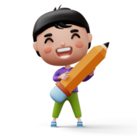 Happy child with pencil, cute boy cartoon character, 3d rendering png