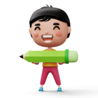 Happy child with pencil, cute boy cartoon character, 3d rendering png