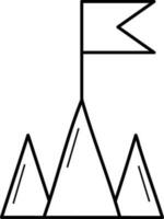 Black line art mountain with flag. vector