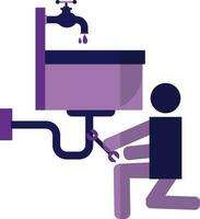 Character of man holding wrench and falling water in sink. vector