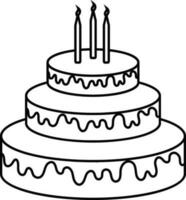 Burning candles decorated cake in line art illustration. vector