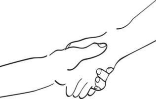 Thin line art illustration of two hand holding each other. vector