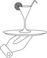 Hand holding plate in lemon slice decorated straw with cocktail glass. vector