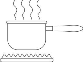 Hot frying pan with gas in black line art. vector