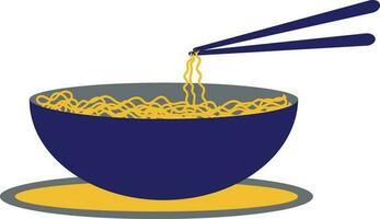 Noodle in bowl on plate with chopsticks. vector