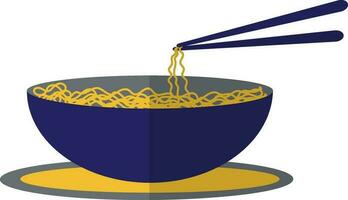 Noodle in bowl on plate with chopsticks. vector