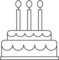 Decorated cake with burning candles in black line art. vector