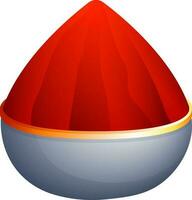 Glossy red dry holi color in gray bowl. vector