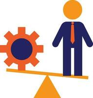 Character of faceless man standing on orange balance scale with cog wheel. vector