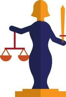 Character of lady justice holding sword and balance scale. vector