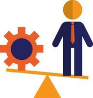 Character of faceless man standing on orange balance scale with cog wheel. vector