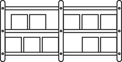 Shelving with boxes in black line art. vector