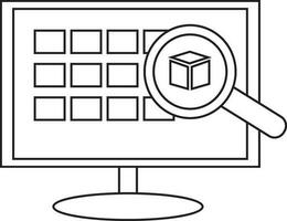 Black line art delivery boxes search in computer. vector