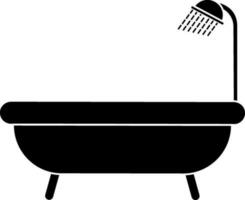 Bathtub icon with shower in black style for bathing concept. vector