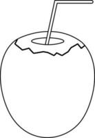 Coconut with straw in black line art illustration. vector