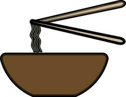 Yellow noodle in brown bowl with chopsticks. vector