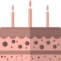 Decorated brown cake with burning candles. vector