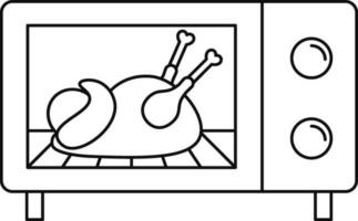 Black line art chicken grilling in microwave. vector