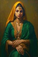 a beautiful woman wearing traditional Indian garb, possibly a saree, with a green and gold border. She is sitting down and wearing a yellow veil, which adds a pop of color to the painting. Her attire and the rich colors used in the artwork create a visual photo