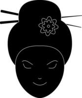 Geisha icon with flower in hair and chopstick in black. vector