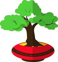 Bonsai tree icon with red pot in half shadow. vector