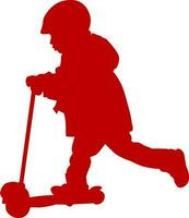 Maroon color silhouette of boy riding on kick scooter. vector