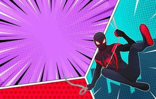 Superhero in Spider Suit with Comic Panels Background vector