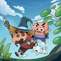 A Boy In A Wizard Costume Goes On An Adventure With A Dog And A Pig vector