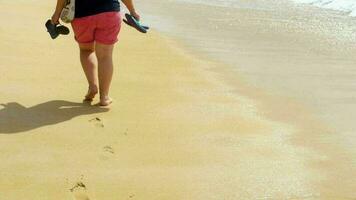 Barefoot woman walking on a beach with sandals in hand, Mai Khao Beach, Phuket video
