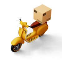 motocicleta con paquete o empaquetar caja, entrega mensajero servicio, 3d representación png