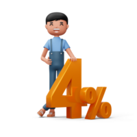 Happy man with golden number four percent, 3d rendering png