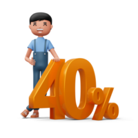 Happy man with golden number forty percent, 3d rendering png