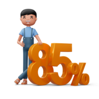 Happy man with golden number eighty five percent, 3d rendering png