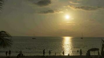 pittoresque paysage marin dans phuket à coucher de soleil, laps de temps. silhouettes de gens repos sur le plage video