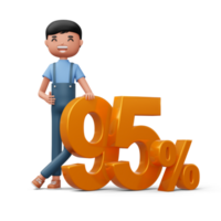 Happy man with golden number ninety five percent, 3d rendering png