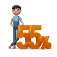 Happy man with golden number fifty five percent, 3d rendering png