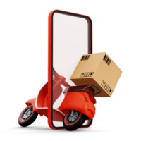 motocicleta con paquete o empaquetar caja, entrega mensajero servicio, en línea compras, 3d representación png