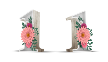 Wood number with colorful flower decoration. png