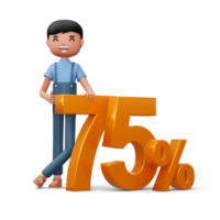 Happy man with golden number seventy five percent, 3d rendering png