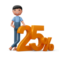 Happy man with golden number twenty five percent, 3d rendering png