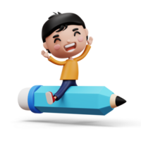 Happy child with pencil, cute boy cartoon character, 3d rendering png