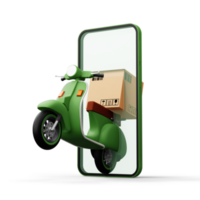motocicleta con paquete o empaquetar caja, entrega mensajero servicio, en línea compras, 3d representación png