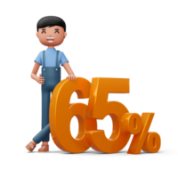 Happy man with golden number sixty five percent, 3d rendering png