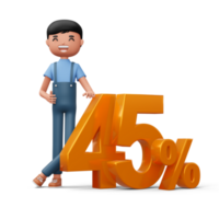 Happy man with golden number forty five percent, 3d rendering png