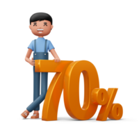 Happy man with golden number seventy percent, 3d rendering png