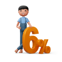 Happy man with golden number six percent, 3d rendering png